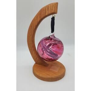 Blown Art Glass Red Witch / Friendship Ball Handmade Oak Wood Hanging Stand 9.5